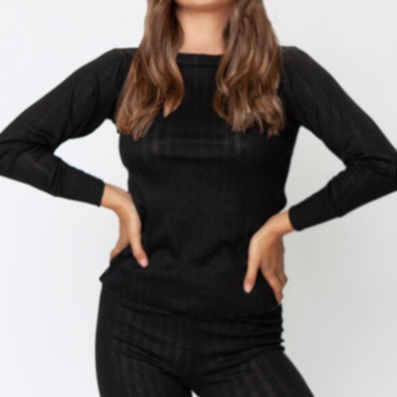 Black Pointelle Knit Crew Neck Tee, Small - Picture 2 of 3